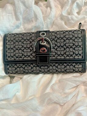 Coach Black and Gray Signature Canvas Buckle Clutch